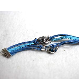 Teal Leather Owl/Infinity/Floating Bead Heart Silver Tone Multi Strap Bracelet